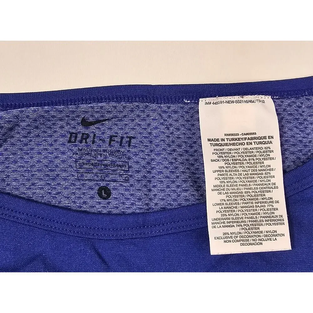 Nike Women's Dri-Fit Epic Crew Knit Training Shirt L BLUE ruched bottom active